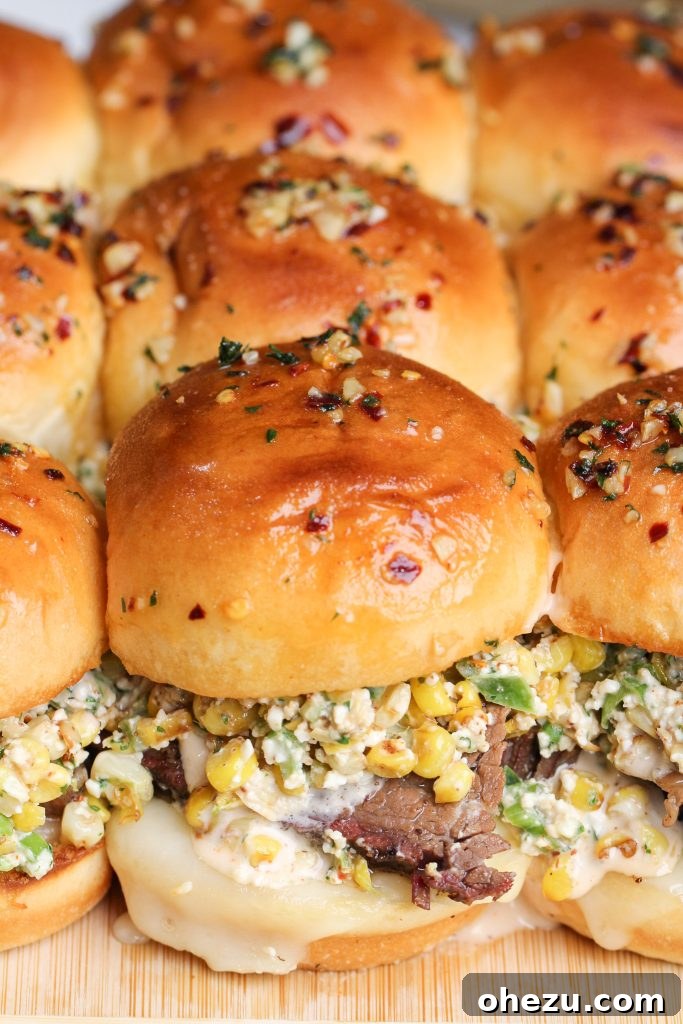 Smoky Brisket & Creamy Elote Sliders with Tangy Alabama White BBQ 8 Finished Brisket Sliders