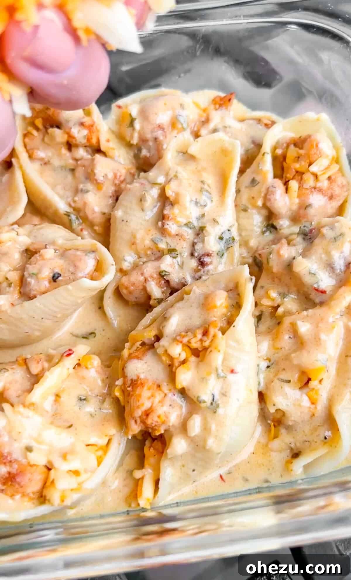 Baked Chicken Scampi Stuffed Shells, golden and bubbly from the oven