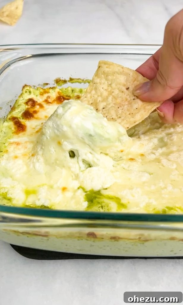 Creamy Cilantro Lime Verde Chicken Enchilada Dip served with crispy tortilla chips and fresh vegetables for dipping