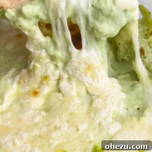 A mouth-watering picture of the completed Verde Chicken Enchilada Dip, warm, cheesy, and ready to be scooped