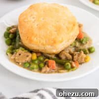 Delicious veggie pot pie topped with a flaky biscuit on a plate, showcasing the recipe's comforting appeal.
