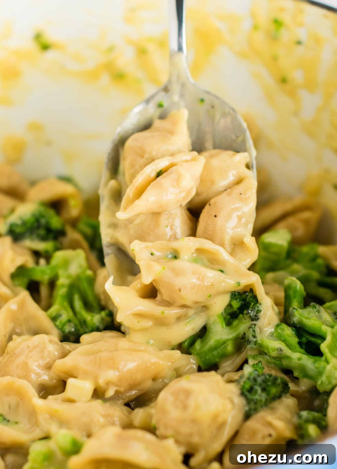 Lightened up broccoli shells and cheese with sharp cheddar cheese and whole wheat pasta. The healthiest way to justify eating macaroni and cheese for dinner. Kids will love this one! #broccolishellsandcheese #macandcheese #healthy #dinner #vegetarian #meatless #pasta #wholewheat