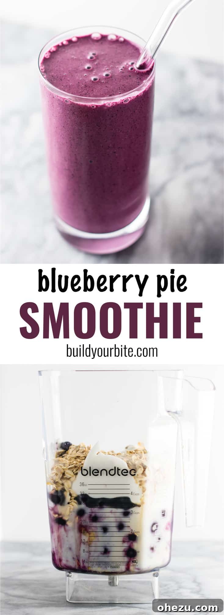 A vertical pin-friendly image of the healthy blueberry pie smoothie, designed for sharing on Pinterest. Includes key ingredients and highlights its appeal as a healthy breakfast or dessert. #healthy #blueberrysmoothie #blueberrypiesmoothie #vegetarian #greekyogurt #lemonzest #glutenfree