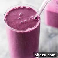 Healthy blueberry pie smoothie recipe with Greek yogurt and rolled oats. A breakfast or dessert full of juicy blueberry flavor!