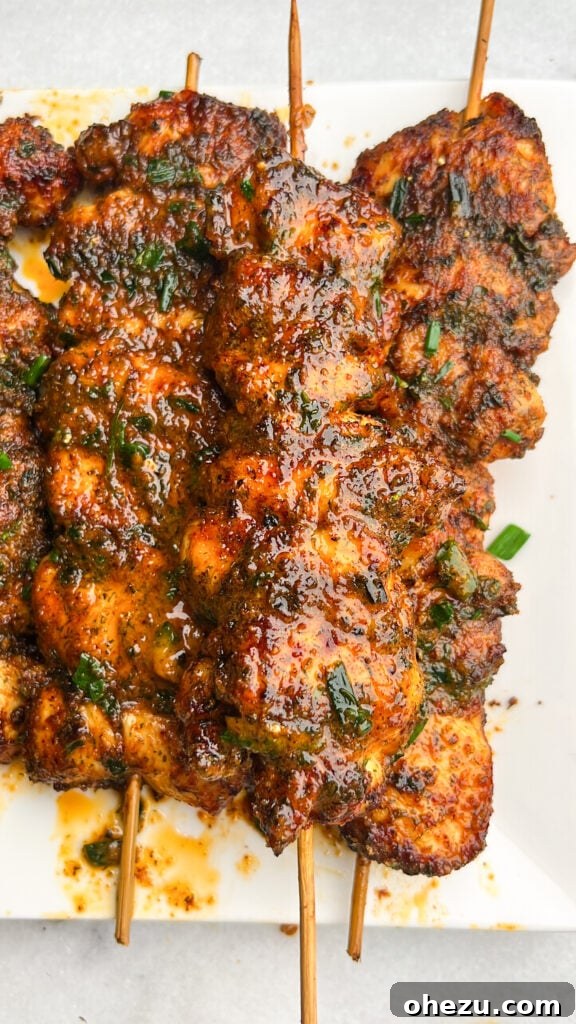 Perfectly cooked Buffalo Ranch Chicken Skewers, golden brown and juicy