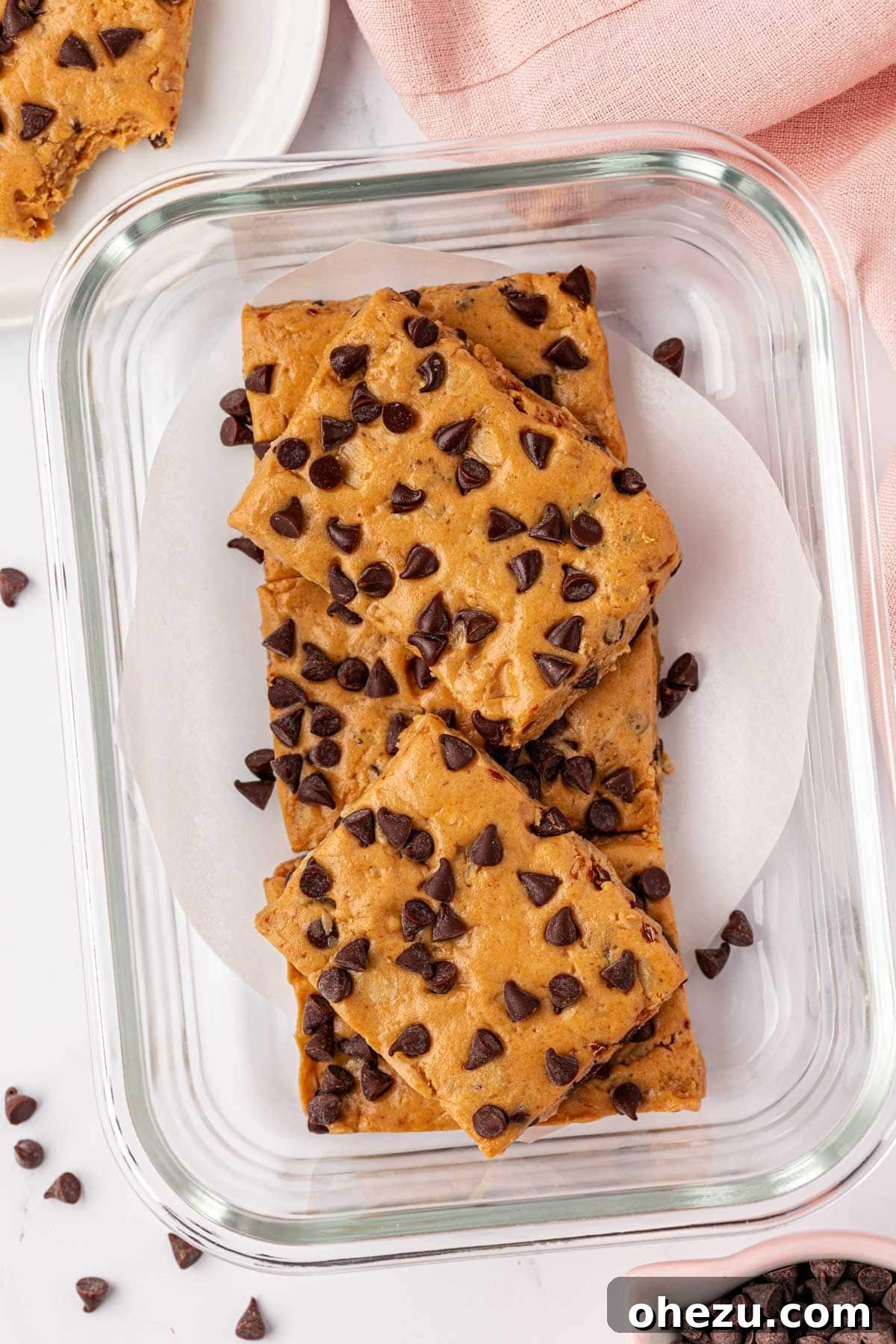 Stack of peanut butter chocolate chip protein bars