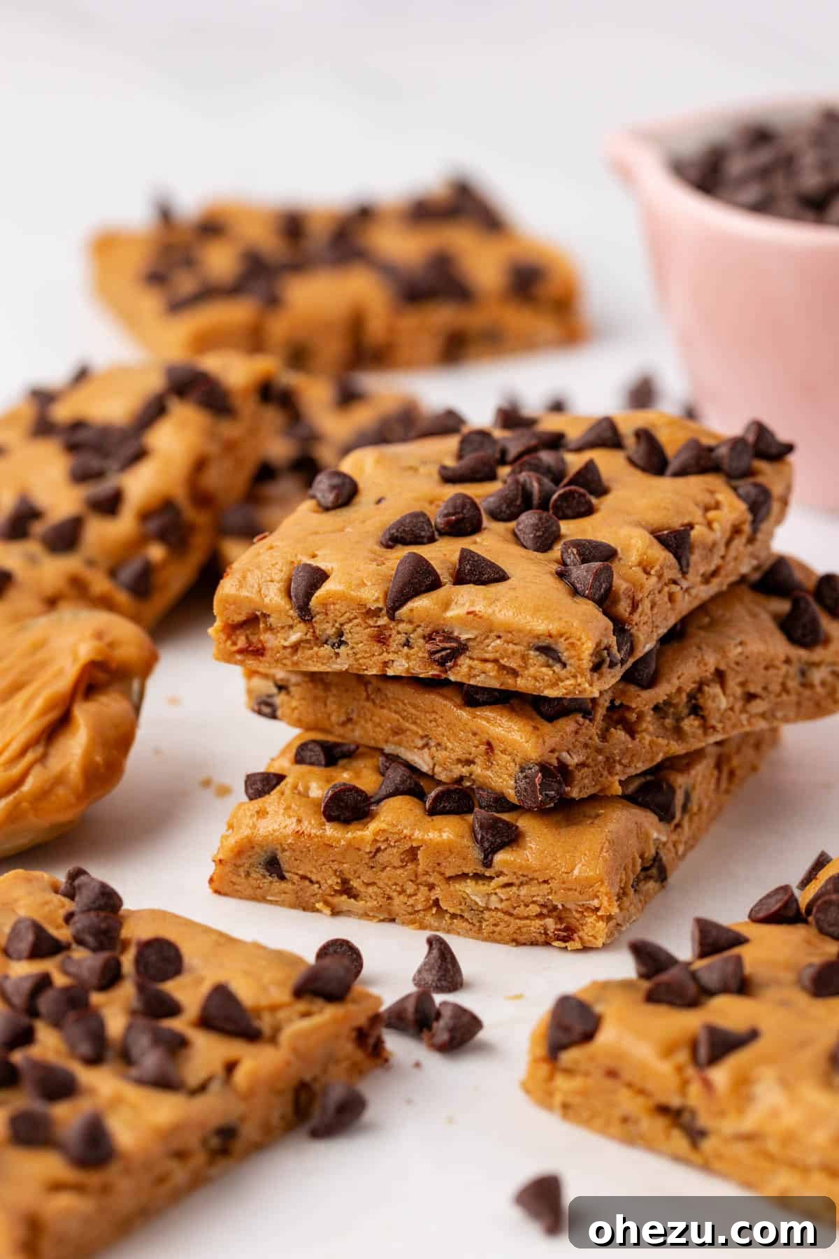 Close-up of freshly made peanut butter chocolate chip protein bars