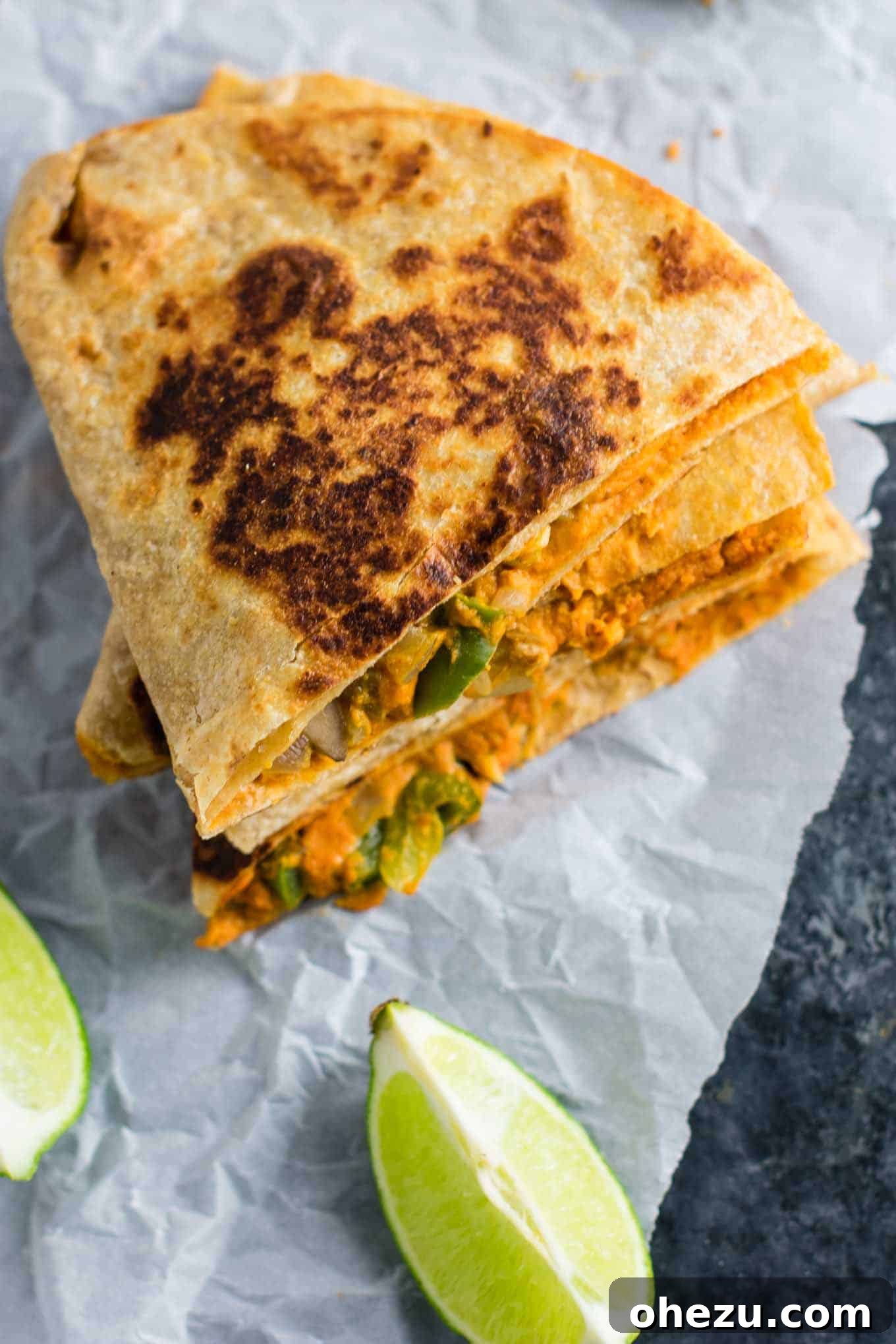 Easy vegan quesadillas recipe packed full of protein and flavor. No meat, no dairy, no vegan cheese! It's a Mexican favorite gone vegan! #vegan #quesadillas #meatless #veganmexican #veganquesadilla #dinner #recipes