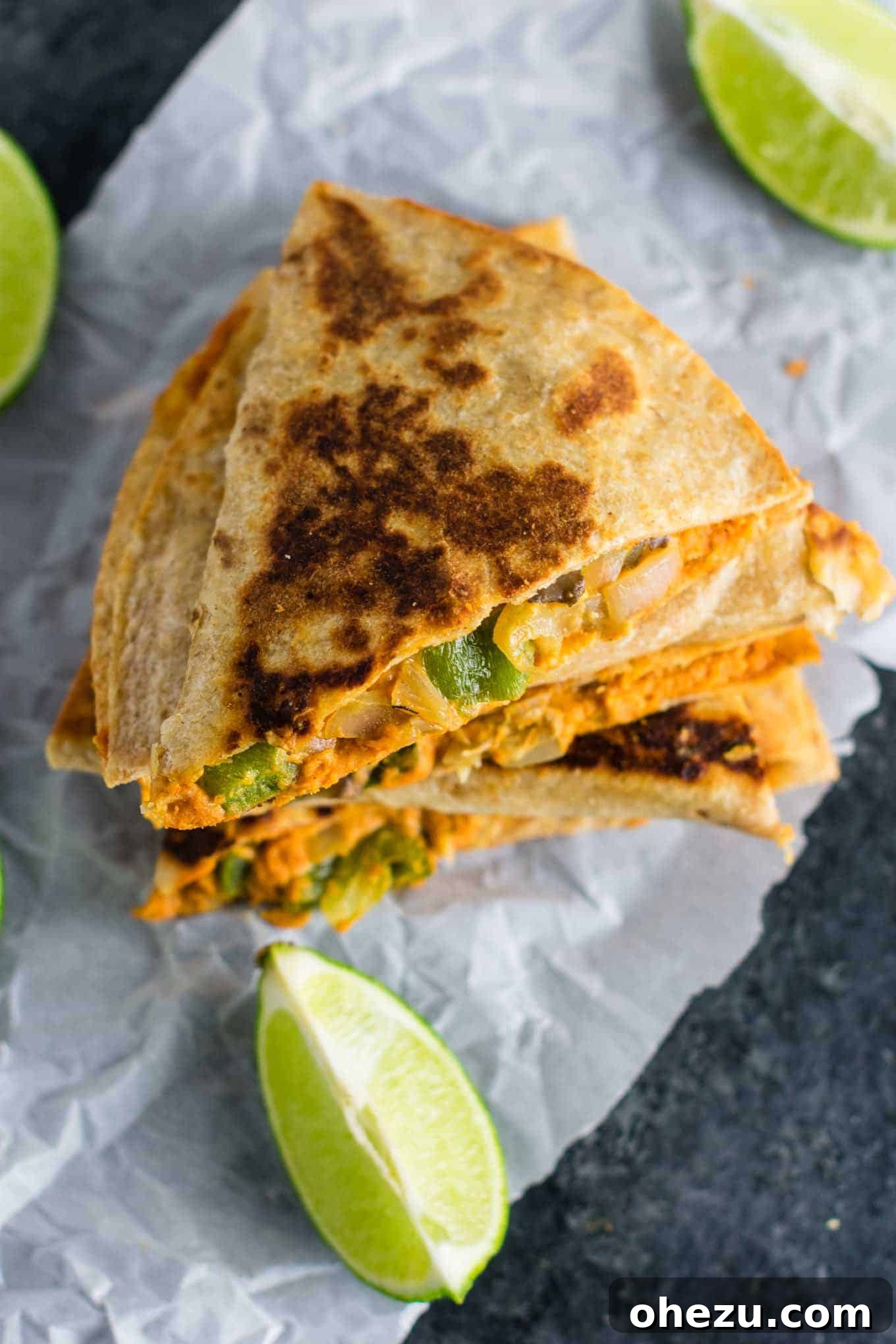 Easy vegan quesadillas recipe packed full of protein and flavor. No meat, no dairy, no vegan cheese! It's a Mexican favorite gone vegan! #vegan #quesadillas #meatless #veganmexican #veganquesadilla #dinner #recipes