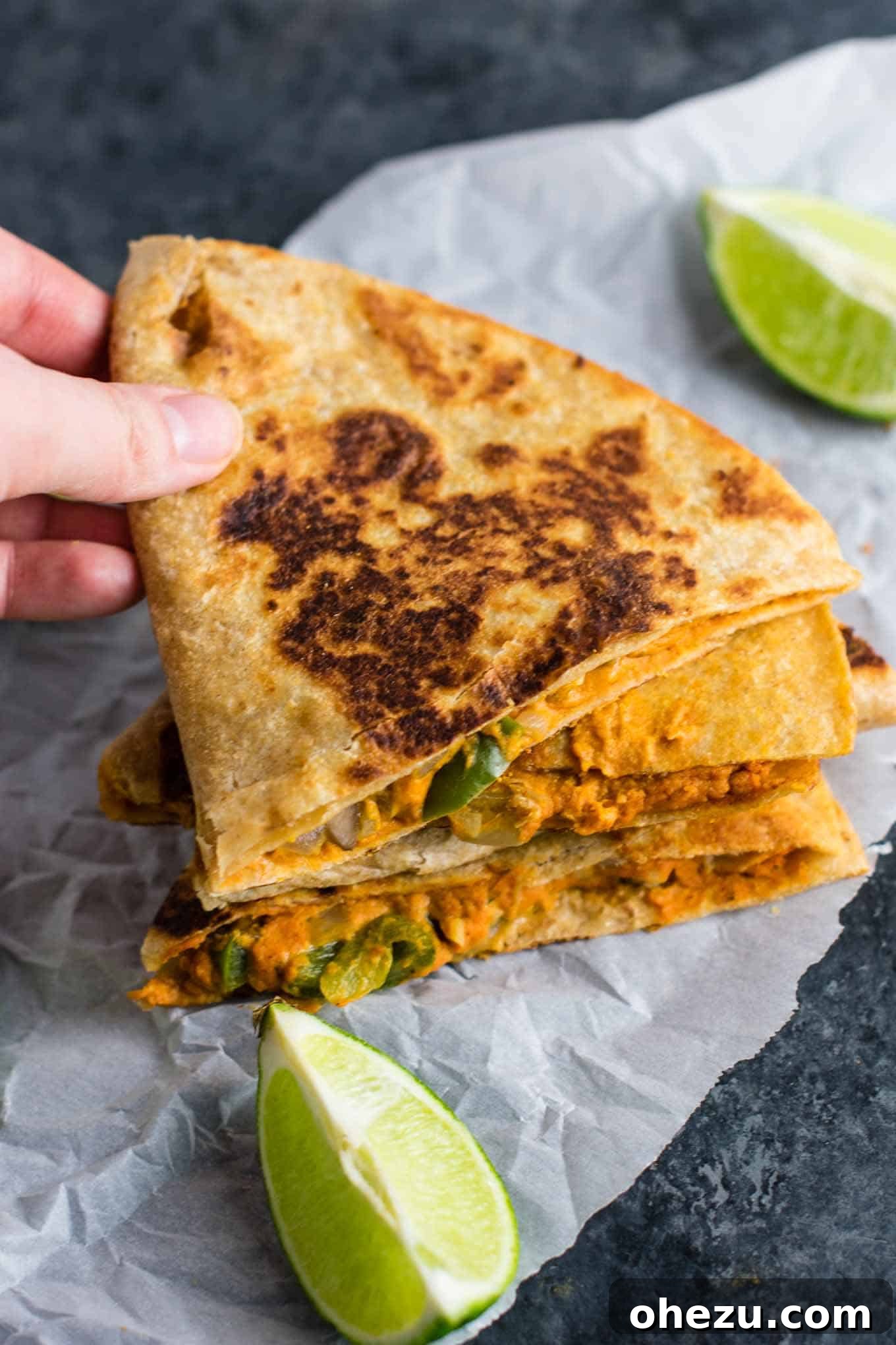 Easy vegan quesadillas recipe packed full of protein and flavor. No meat, no dairy, no vegan cheese! It's a Mexican favorite gone vegan! #vegan #quesadillas #meatless #veganmexican #veganquesadilla #dinner #recipes
