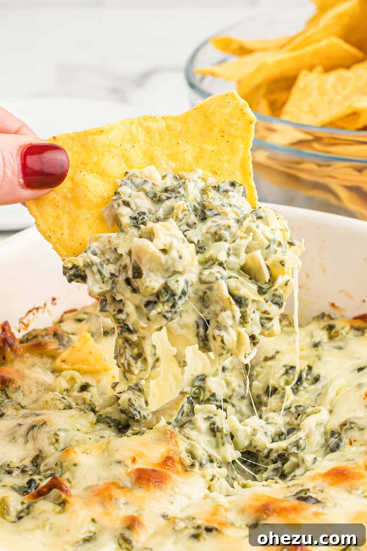 A golden-brown tortilla chip perfectly dipped into a hot, bubbly baked spinach artichoke dip, showcasing its creamy texture and melty cheese.