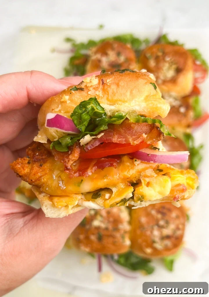 Irresistible Garlic Parmesan Chicken Sliders on Sweet Hawaiian Buns 2 Chicken Sliders on Hawaiian Rolls, closeup view with fresh ingredients