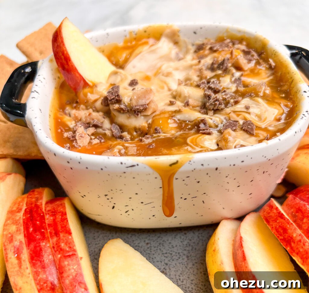 Ingredients for Caramel Apple Dip including cream cheese, brown sugar, caramel sauce, and toffee