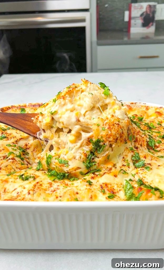 Elote Mac and Cheese baked and ready to serve
