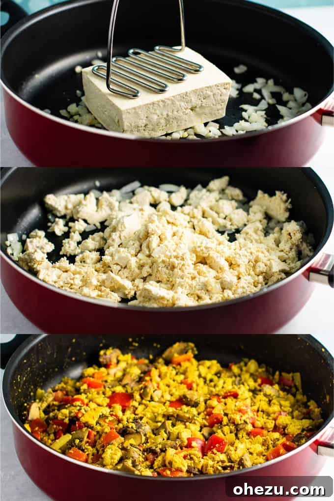 Vegan tofu scramble recipe with bell pepper and mushroom. Pin this for an amazing and satisfying #tofuscramble #vegan #breakfast #meatless #dairyfree #eggfree.