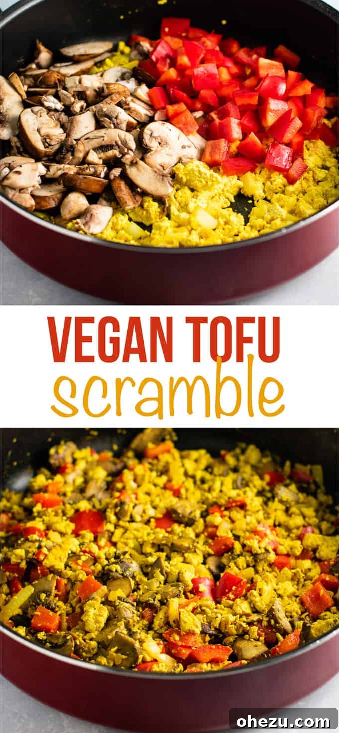 Save this vegan tofu scramble recipe for a delicious and easy breakfast. Features bell pepper and mushroom. #tofuscramble #vegan #breakfast #meatless #dairyfree #eggfree.
