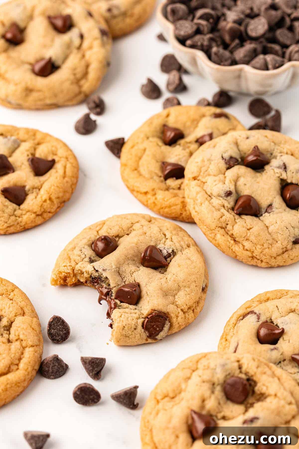 Heavenly Vegan Chocolate Chip Cookies 16 A close-up shot of a single perfectly baked vegan chocolate chip cookie with rich, melted chocolate chips visible.
