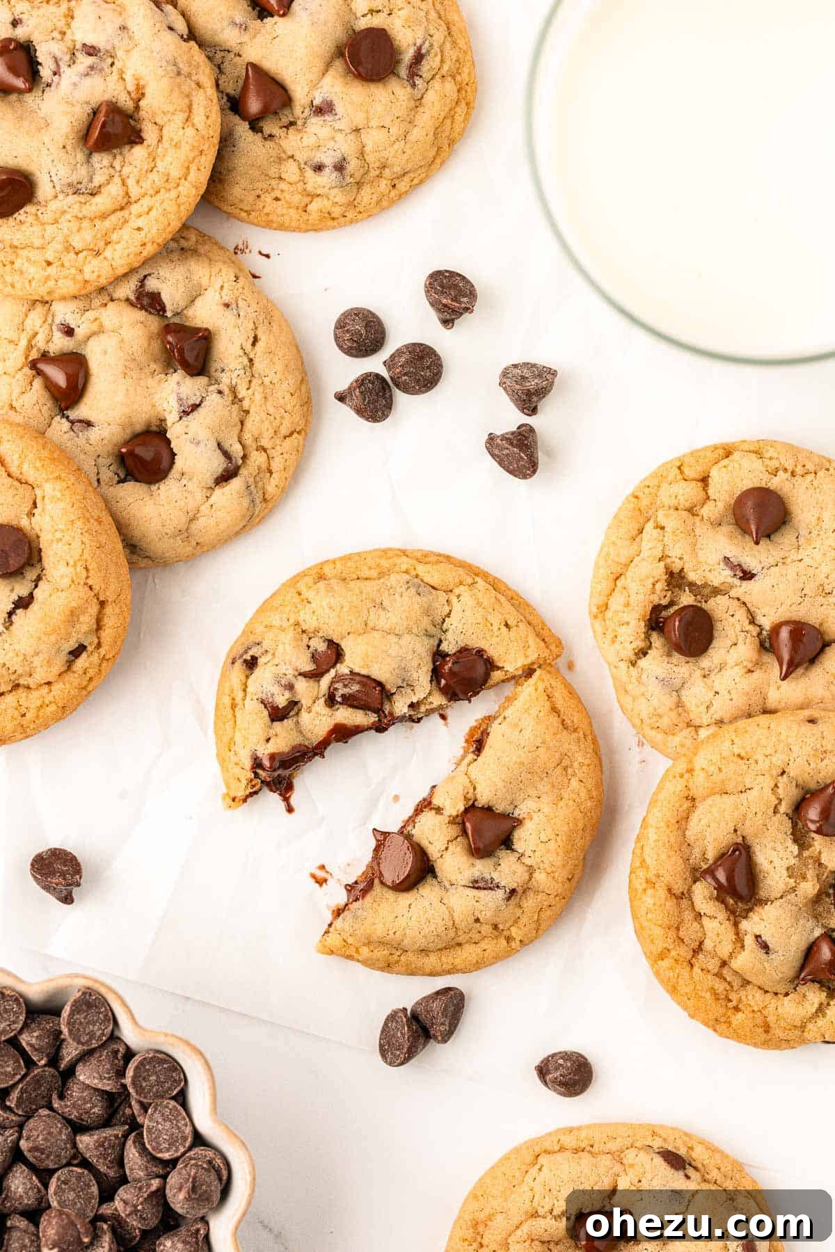 Heavenly Vegan Chocolate Chip Cookies 20 A delicious vegan chocolate chip cookie with a bite taken out, showing its soft interior and perfectly melted chocolate.