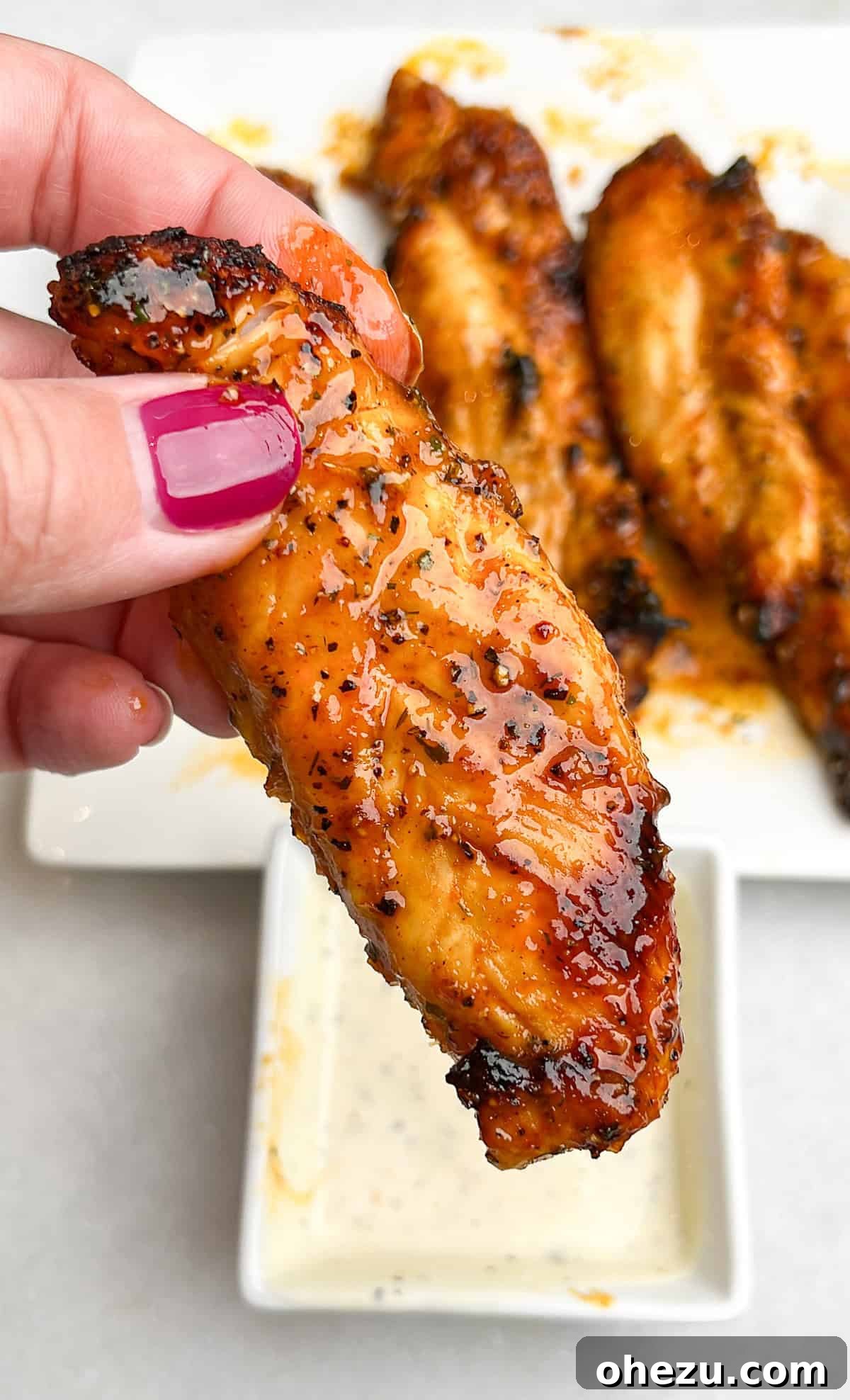 Air-Fried Hot Lemon Pepper Ranch Chicken Tenders 9 Close-up photograph of a single cooked air-fried chicken tender, highlighting its golden exterior and juicy texture.