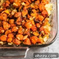 sweet potato hash in a glass casserole dish