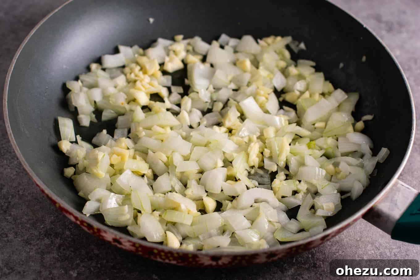 Caramelized garlic and onion adding rich flavor to the dish