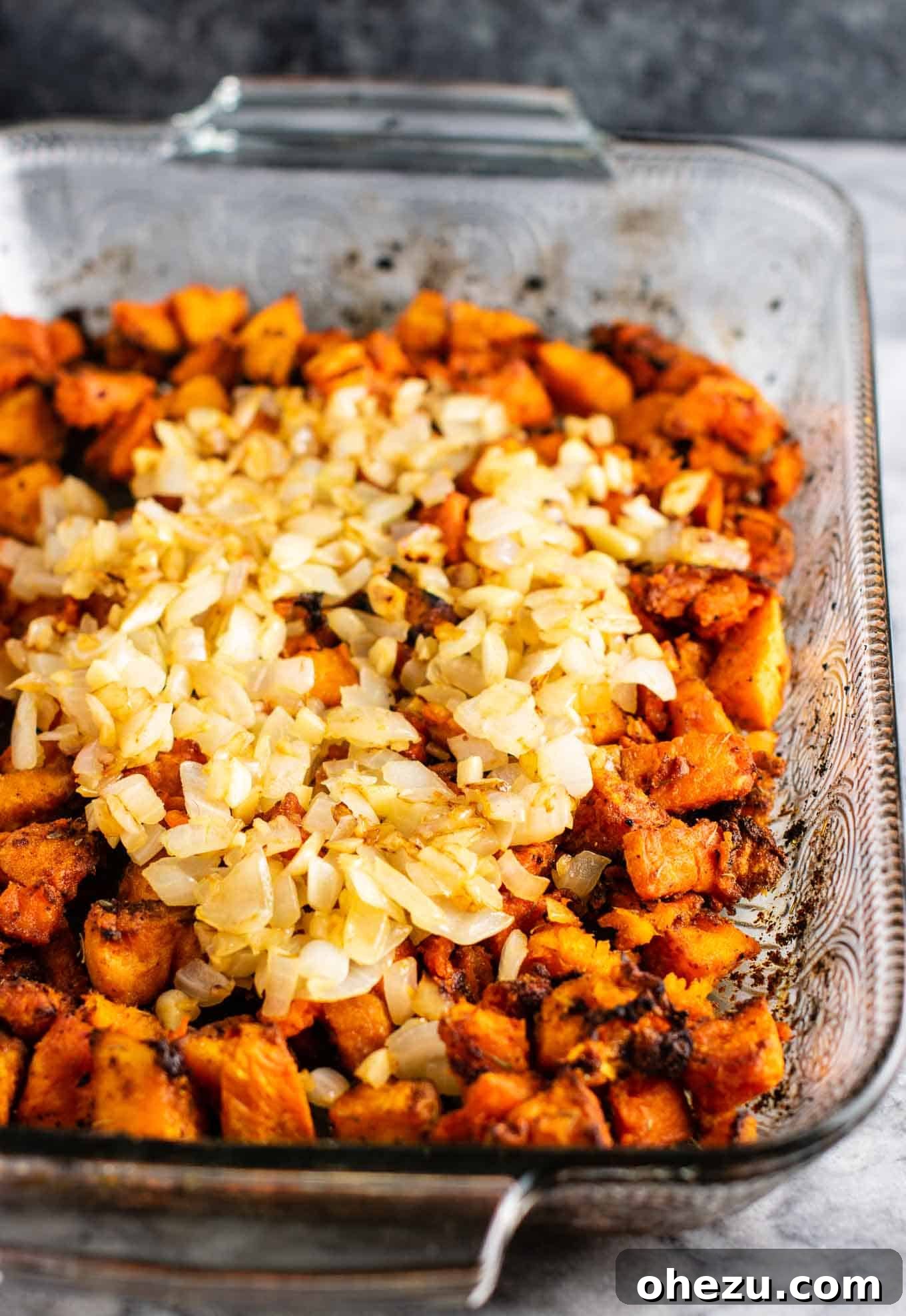 Sweet potato hash with caramelized onions and garlic mixed in
