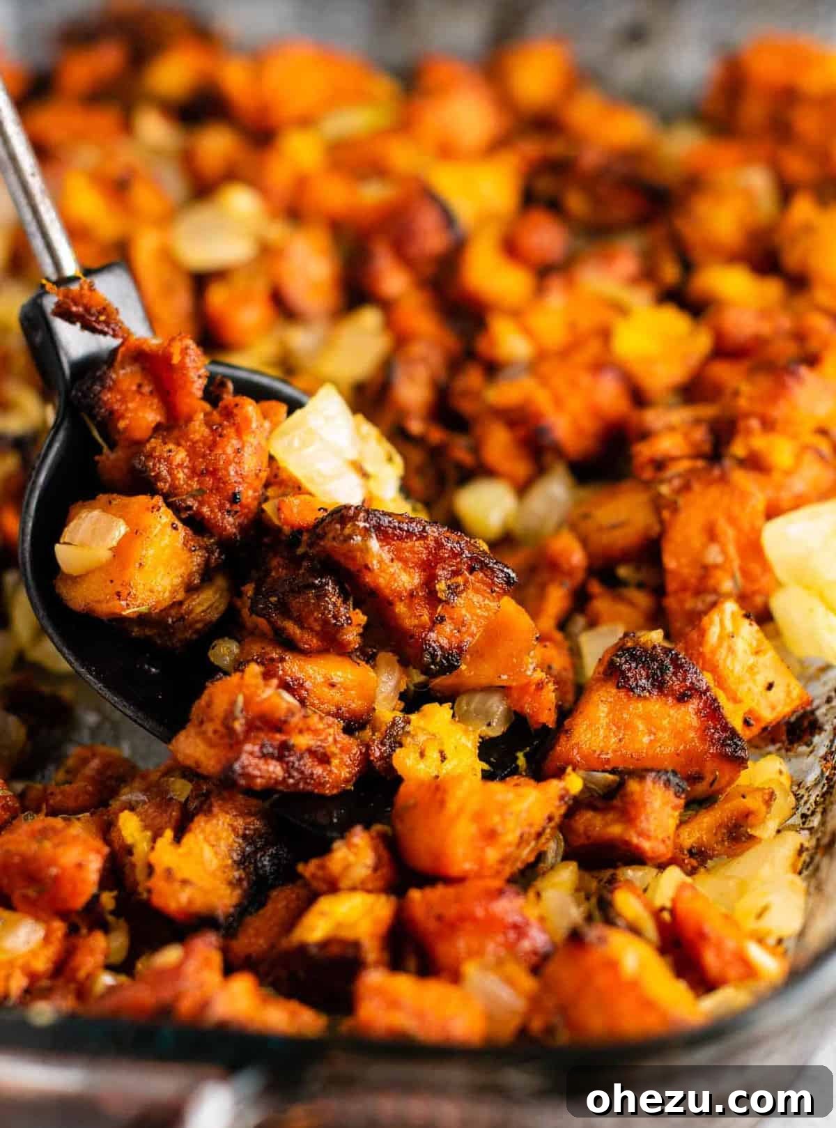 Breakfast side dish: a close-up of the sweet potato hash