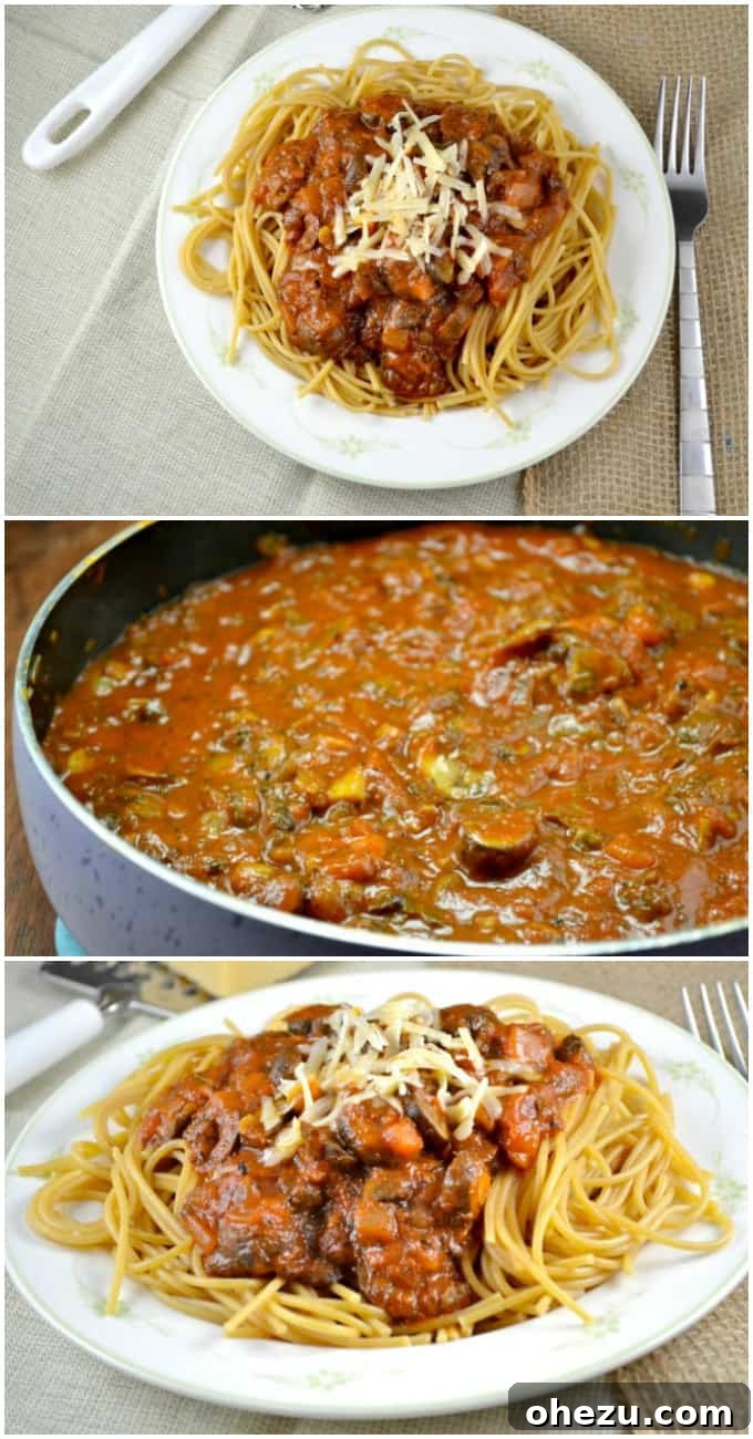 Easy meatless spaghetti sauce with whole wheat pasta - a healthy and simple vegetarian dinner idea. #meatless #spaghetti #dinner #healthy #spaghettisauce #vegetarian
