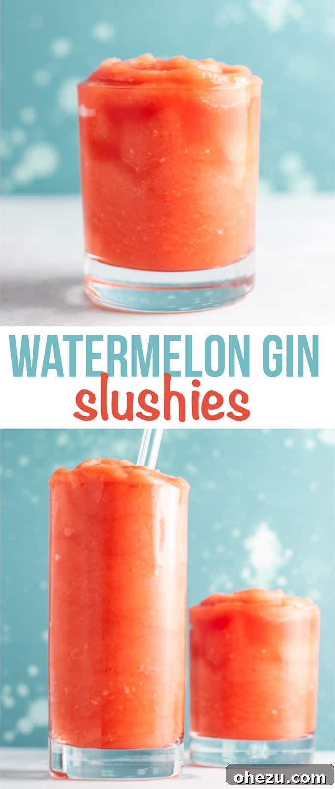 Pinterest graphic for Tropical Watermelon Gin Slushies, featuring the finished drink and ingredients.