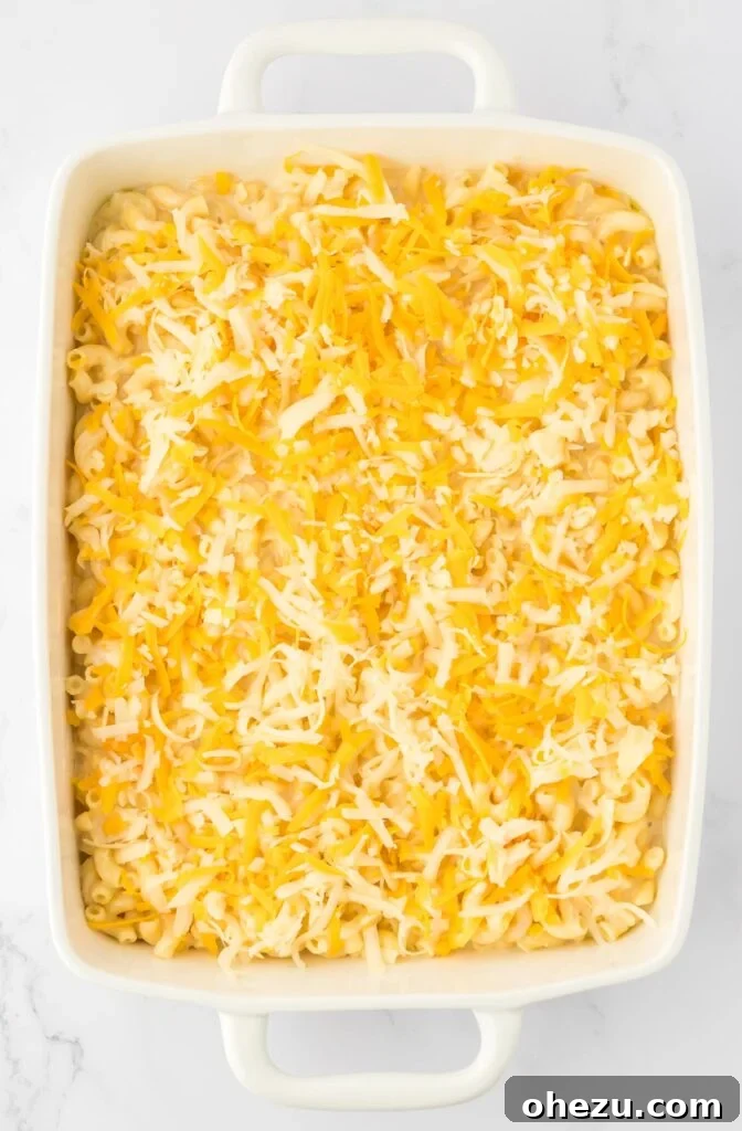 macaroni and cheese in a baking dish topped with cheese