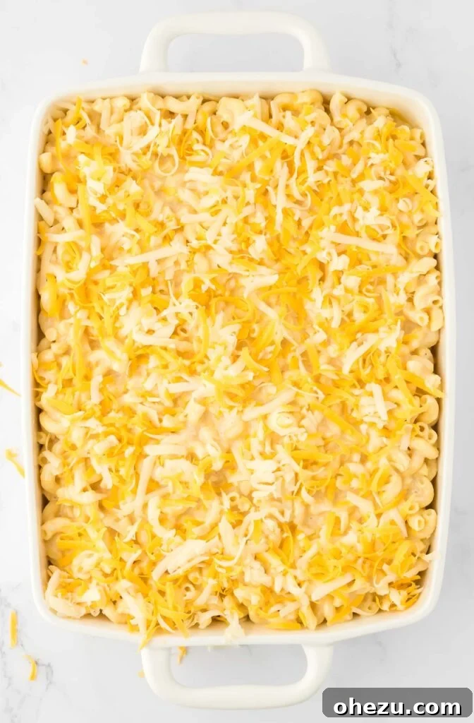 macaroni and cheese in a baking dish topped with cheese