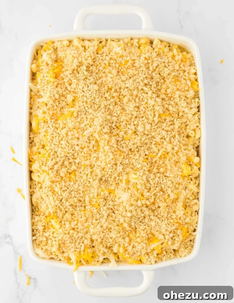 mac and cheese topped with bread crumb mixture