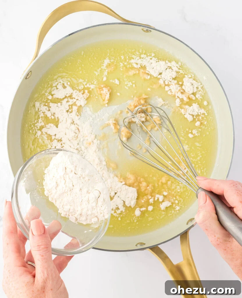 whisking flour into melted butter