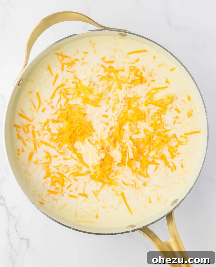 mac and cheese sauce in a skillet