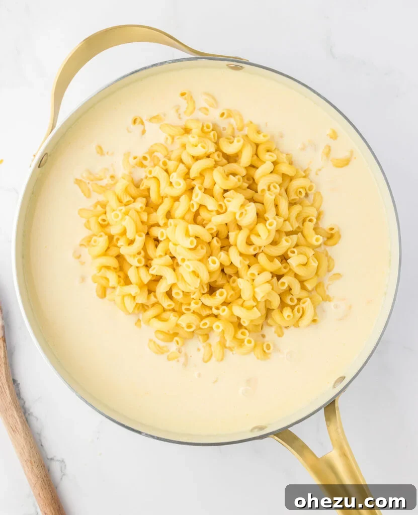 adding macaroni noodles to the cheese sauce