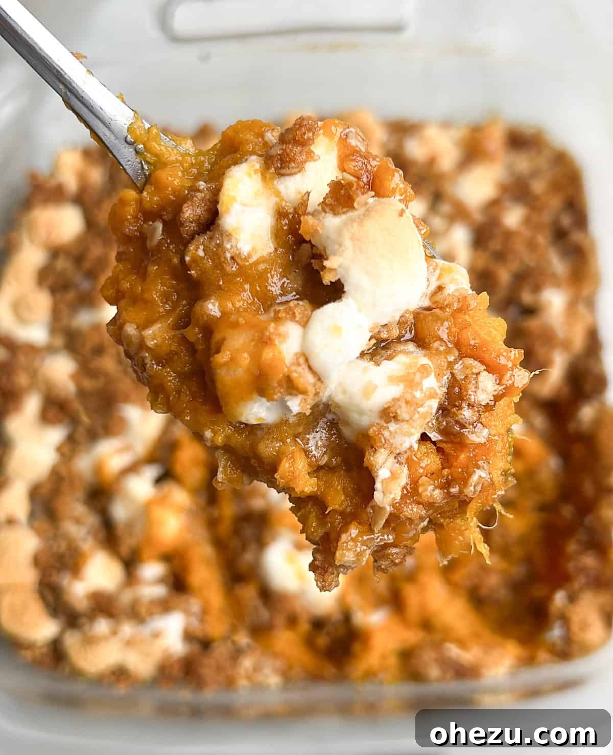 Decadent Southern Sweet Potato Casserole with a golden-brown streusel and marshmallow topping, served in a rustic baking dish.