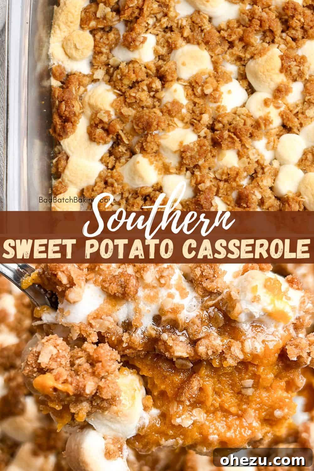 Freshly baked Southern Sweet Potato Casserole, bubbling and golden-brown, straight from the oven.