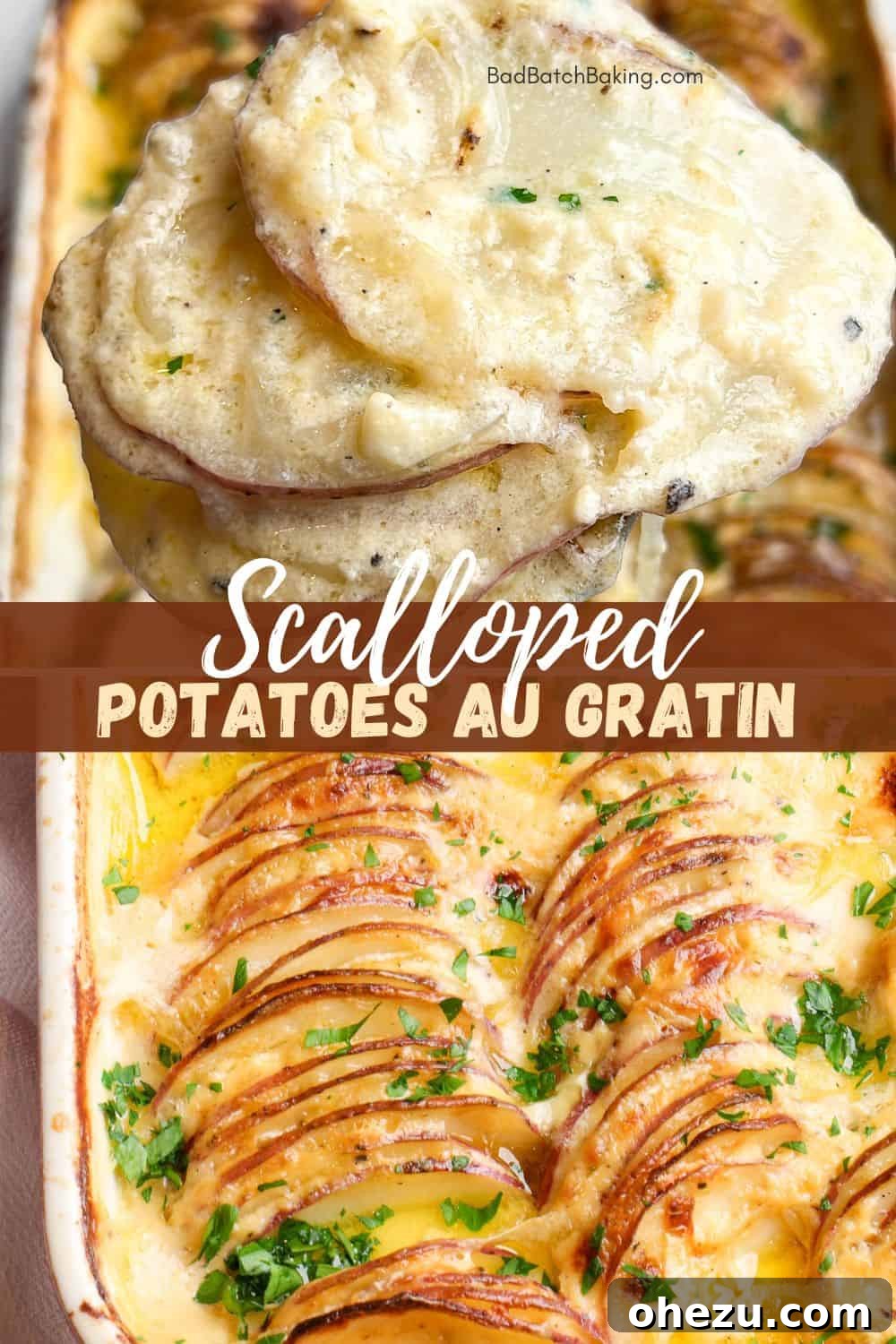 A serving of creamy Scalloped Potatoes Au Gratin with melted cheese