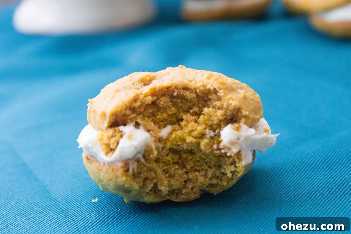 Bourbon Cream Filled Pumpkin Spice Whoopie Pies 4 Detailed shot of perfectly baked Pumpkin Spice Whoopie Pie cookies with bourbon cream