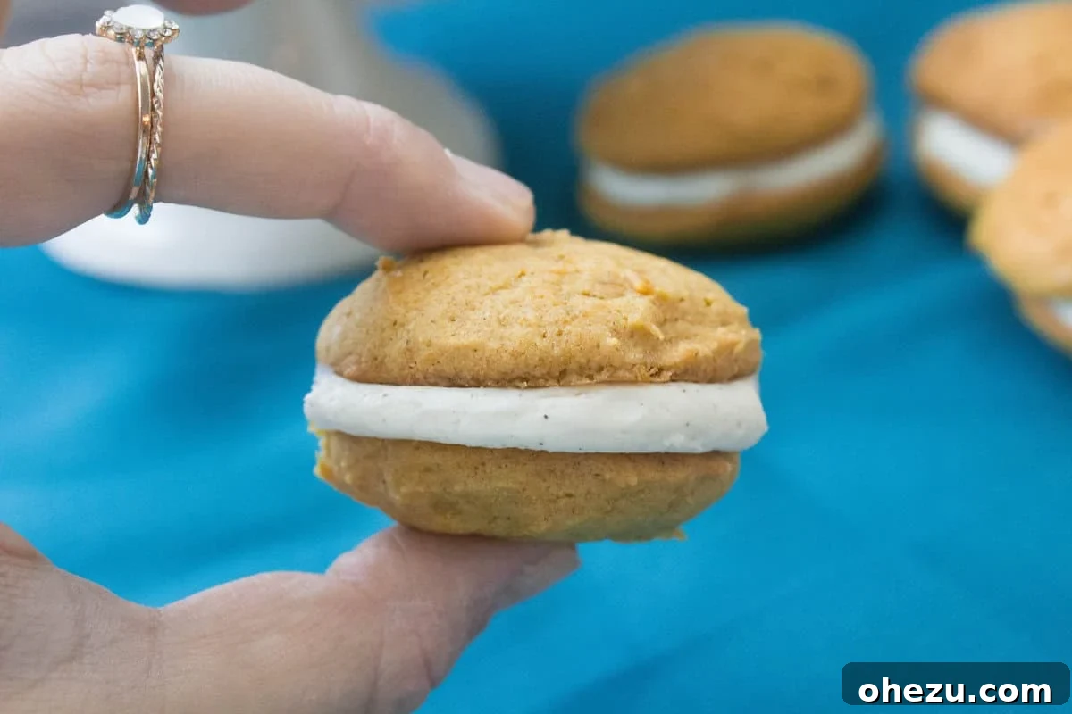 Bourbon Cream Filled Pumpkin Spice Whoopie Pies 5 Close-up of the rich, stable Bourbon Cream filling nestled between Pumpkin Spice Whoopie Pie halves