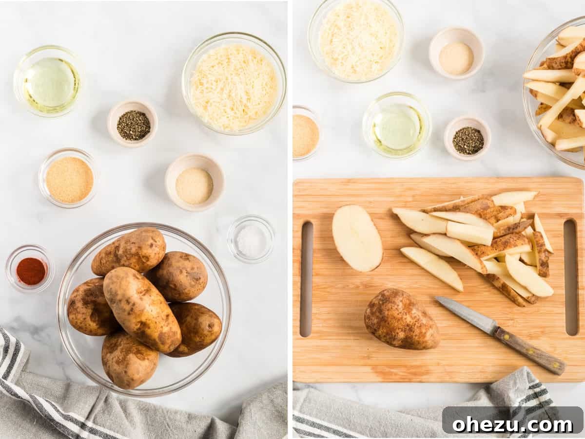 Collage image showing all recipe ingredients laid out, including russet potatoes, various spices, olive oil, and parmesan cheese, alongside a potato being cut into wedges.
