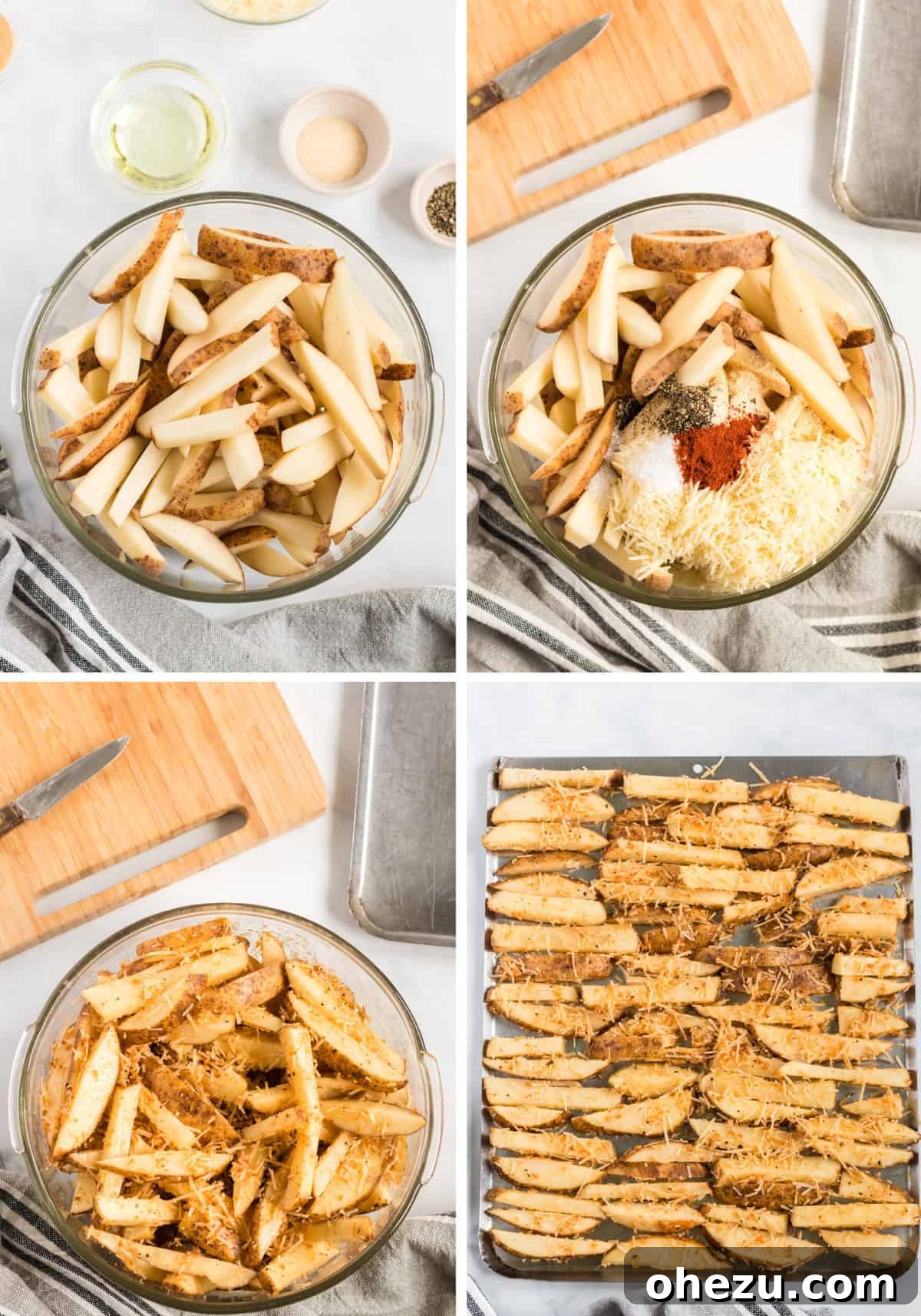 Collage image showing neatly cut potato wedges in a bowl, the wedges tossed with spices and olive oil, and finally, spread out on a baking sheet before baking.