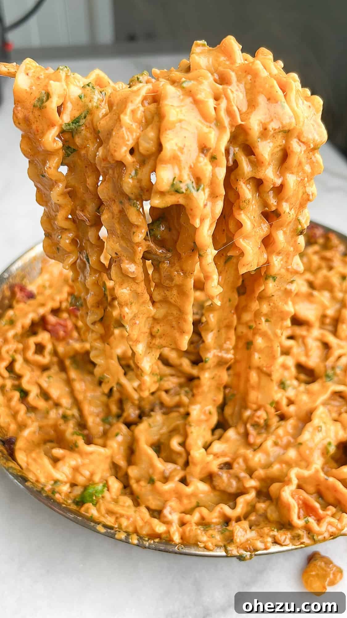 Bold Chipotle Bacon Alfredo 3 Close-up of Mafaldine noodles in Chipotle Bacon Alfredo sauce