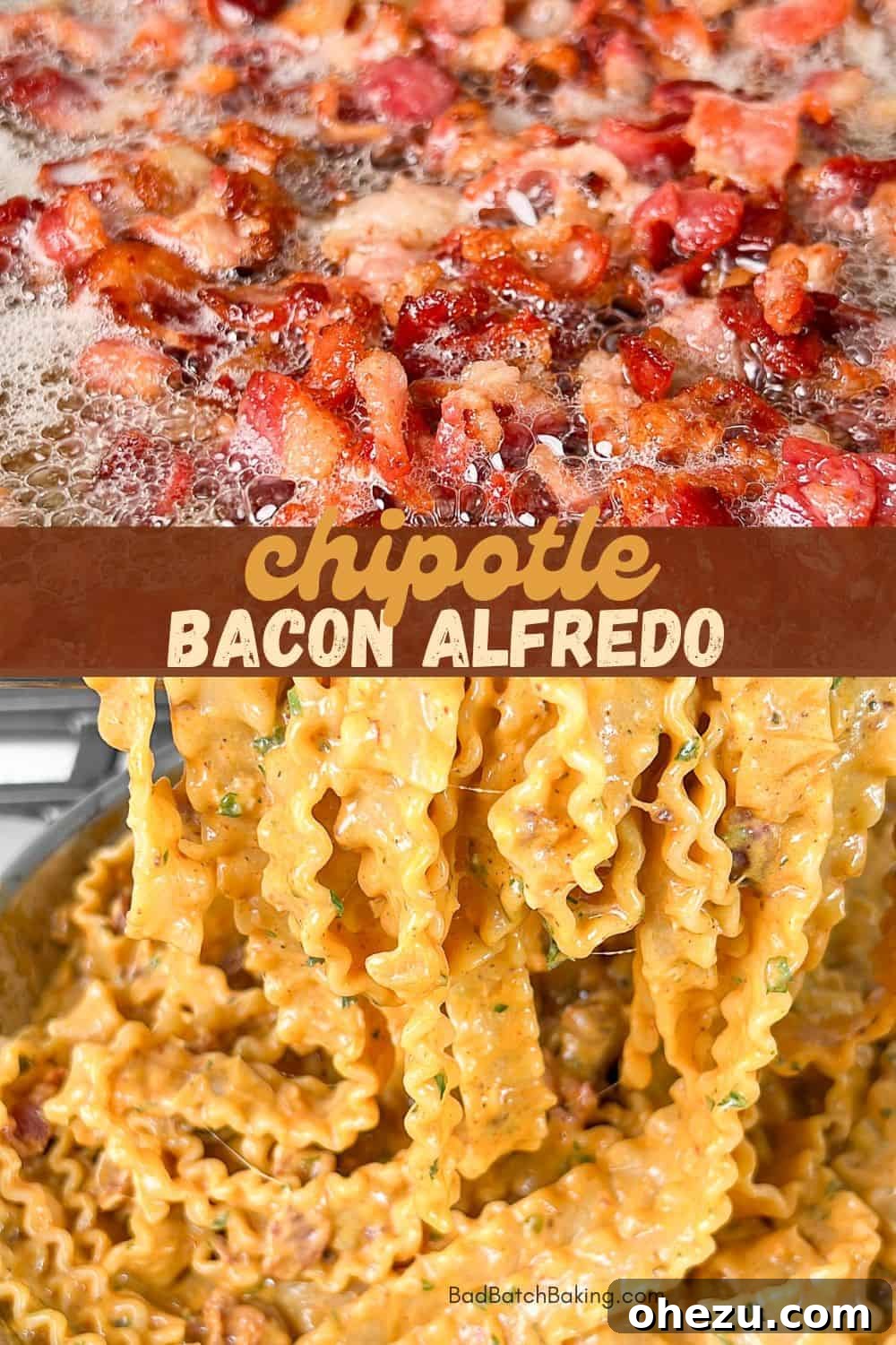 Bold Chipotle Bacon Alfredo 12 Full shot of Chipotle Bacon Alfredo pasta in a serving bowl with ingredients on the side