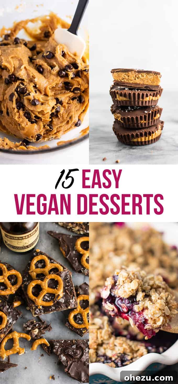 A vibrant collage showcasing 15 easy vegan dessert recipes, including peanut butter truffles, chocolate chip cookies, apple crisp, and more. All are dairy-free and eggless.