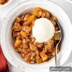 Warm vegan apple crisp topped with a scoop of melting vegan ice cream.