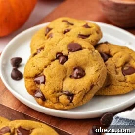 Soft vegan pumpkin chocolate chip cookies, perfect for fall.