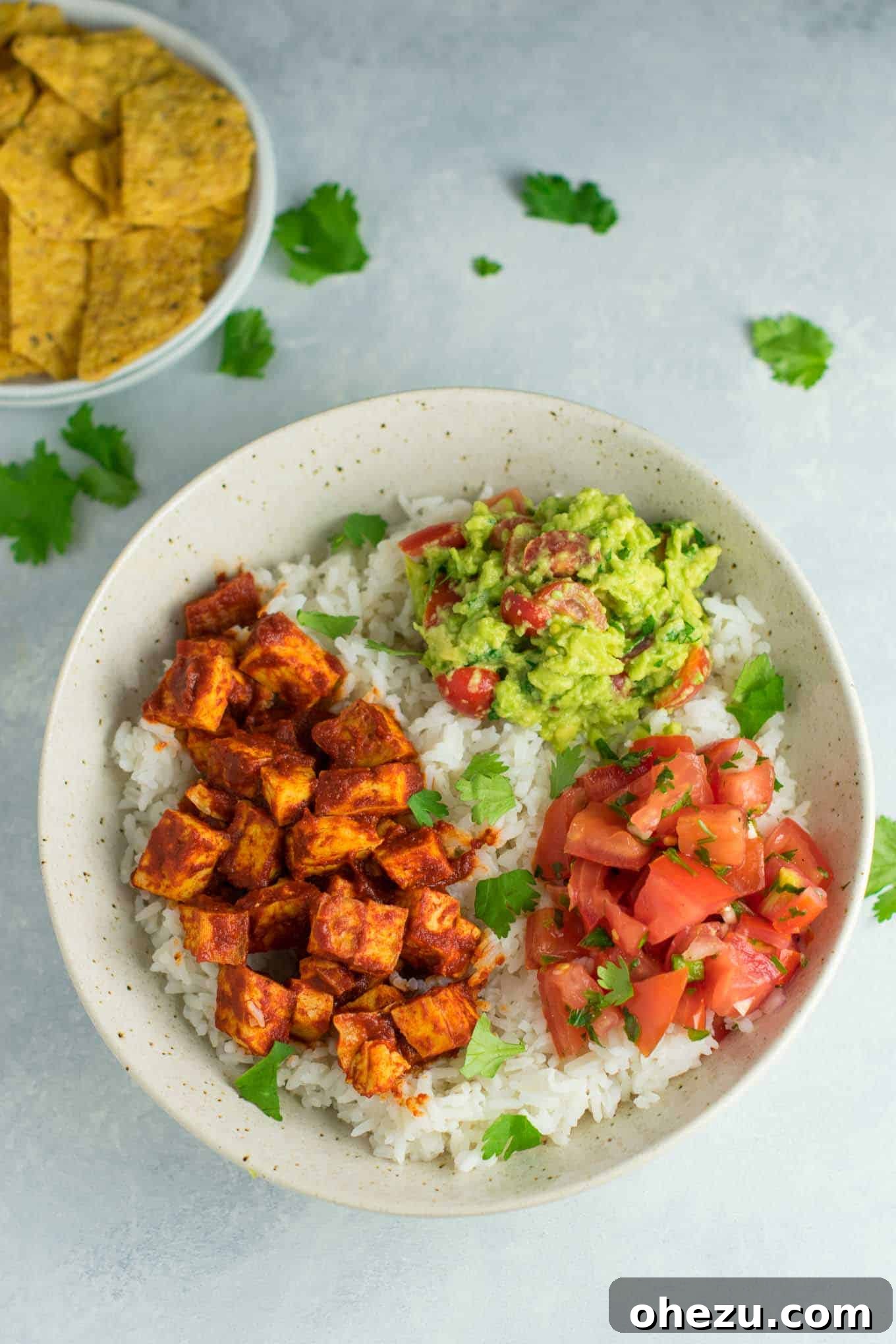 Flavorful Vegan Dinner Creations 12 Easy and delicious enchilada tofu burrito bowls with homemade guacamole and salsa, bringing the chipotle experience to your vegan kitchen. #vegan #burritobowls #tofuburritobowls