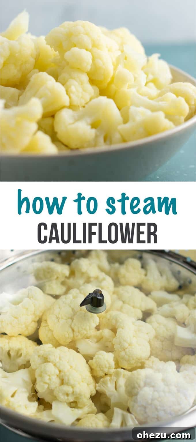Pinterest graphic with text "How to Steam Cauliflower" and an image of steamed cauliflower