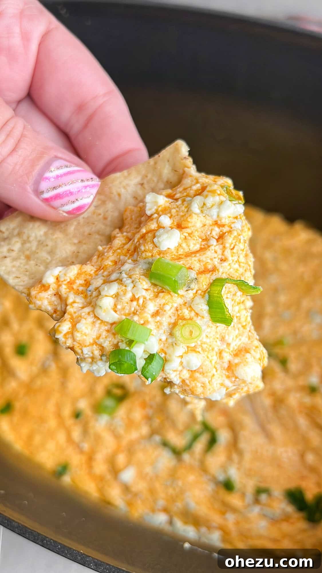 Crockpot Buffalo Bliss 3 Close-up of creamy Slow Cooker Buffalo Chicken Dip with tortilla chips